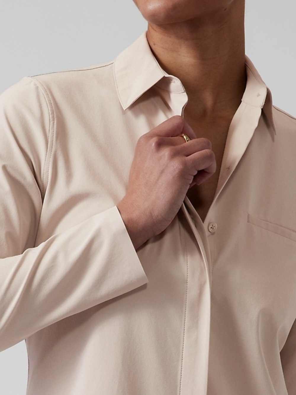 Athleta Urbanite Button Down Top Small Beige Performance Stretch Blouse - Picture 4 of 13
